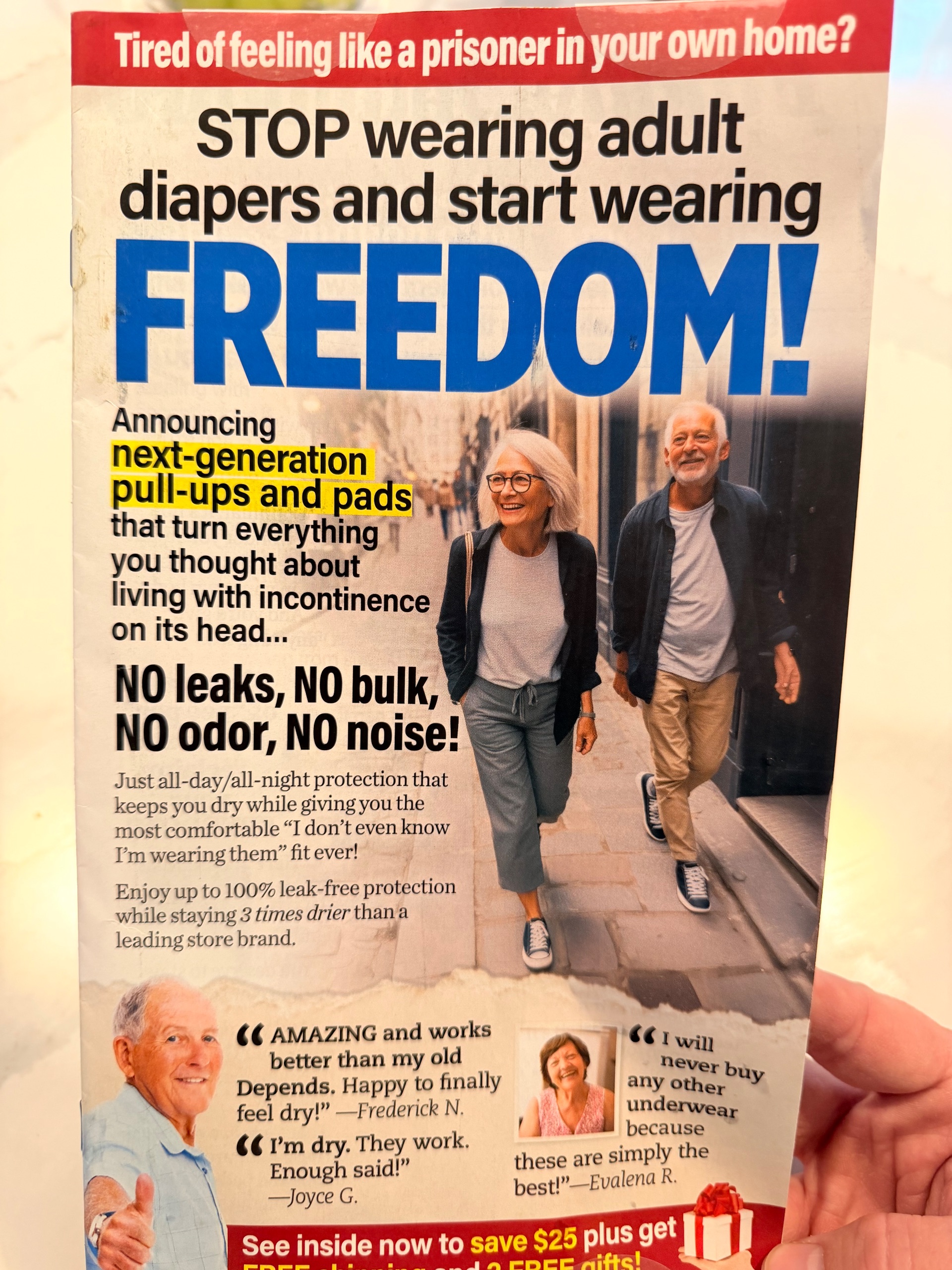Advertisement for incontinence products featuring two older adults walking together, with testimonial quotes and product benefits highlighted in large text promoting pull-ups and pads.